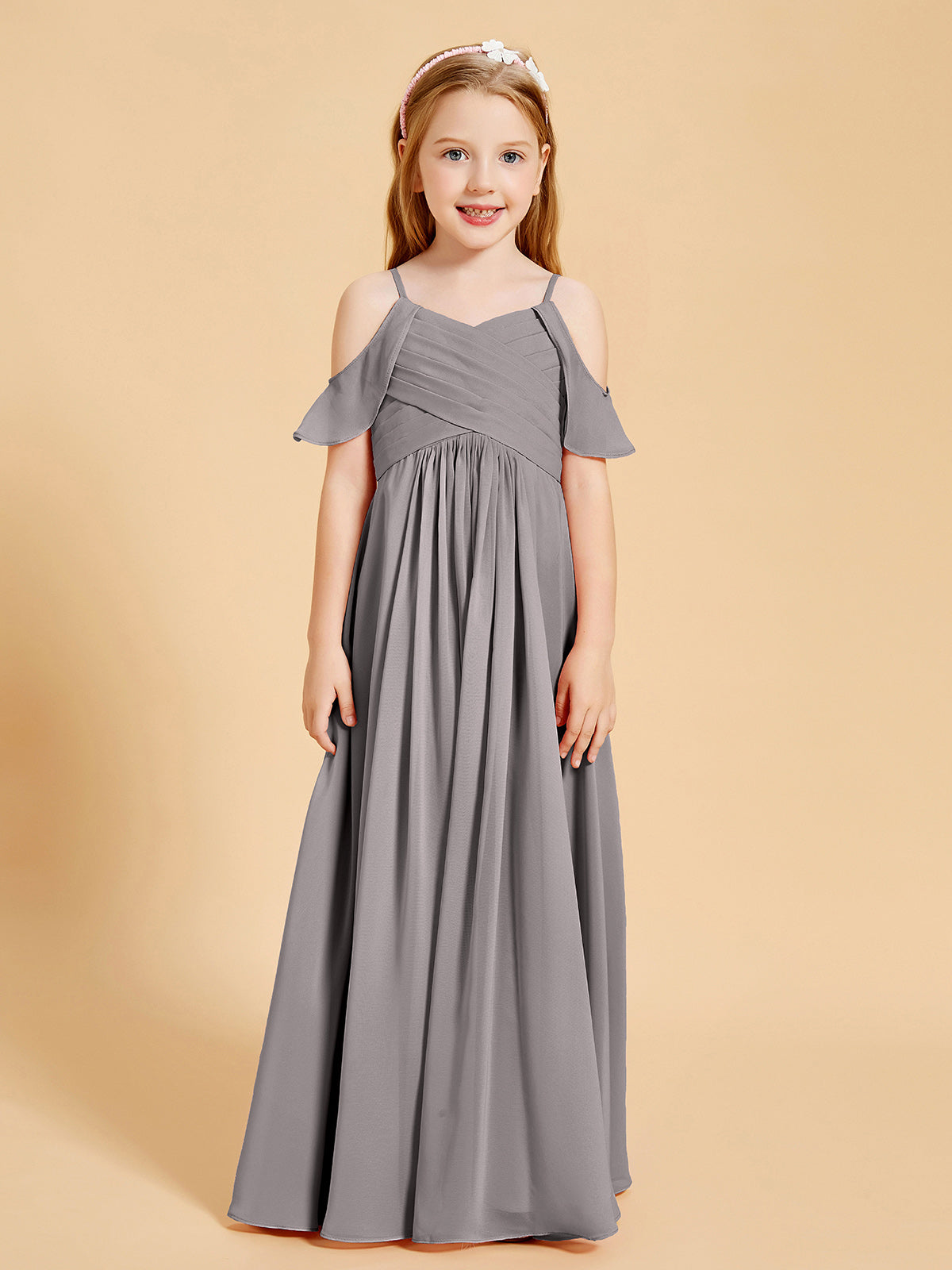 Off-the-Shoulder Bridesmaid Gown for Juniors Silver